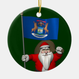 Ornamento De Cerâmica Papai Noel com a bandeira de Michigan