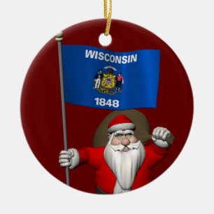 Ornamento De Cerâmica Papai Noel com a bandeira de Wisconsin