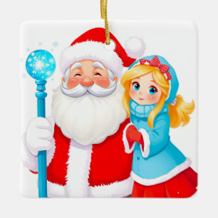 Ornamento De Cerâmica Papai Noel com a Donzela de Neve em trajes de inve