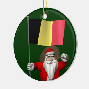 Ornamento De Cerâmica Papai Noel Com Bandeira Da Bélgica