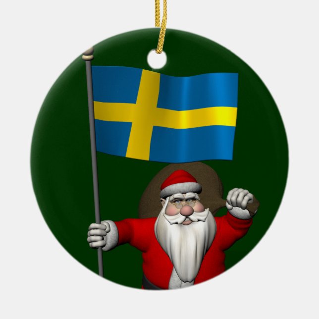 Ornamento De Cerâmica Papai Noel Com Bandeira De Suecia (Frente)