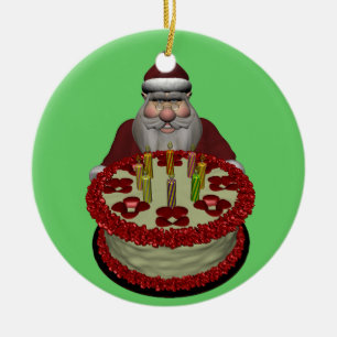 Ornamento De Cerâmica Papai Noel com Bolo de Aniversário