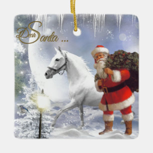 Ornamento De Cerâmica Papai Noel com Cavalo Branco