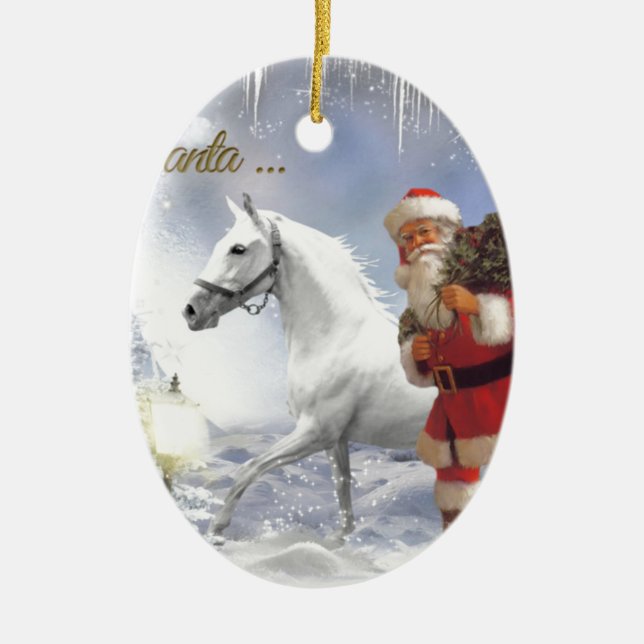 Ornamento De Cerâmica Papai Noel com Cavalo Branco (Frente)