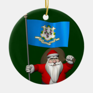 Ornamento De Cerâmica Papai Noel Com Estandarte De Connecticut