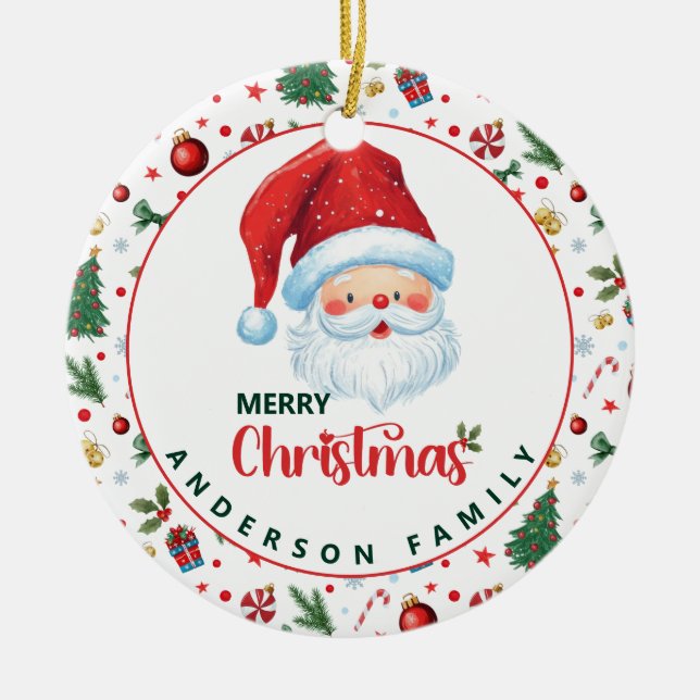 Ornamento De Cerâmica Papai Noel com Padrão Festivo Feliz Natal (Frente)