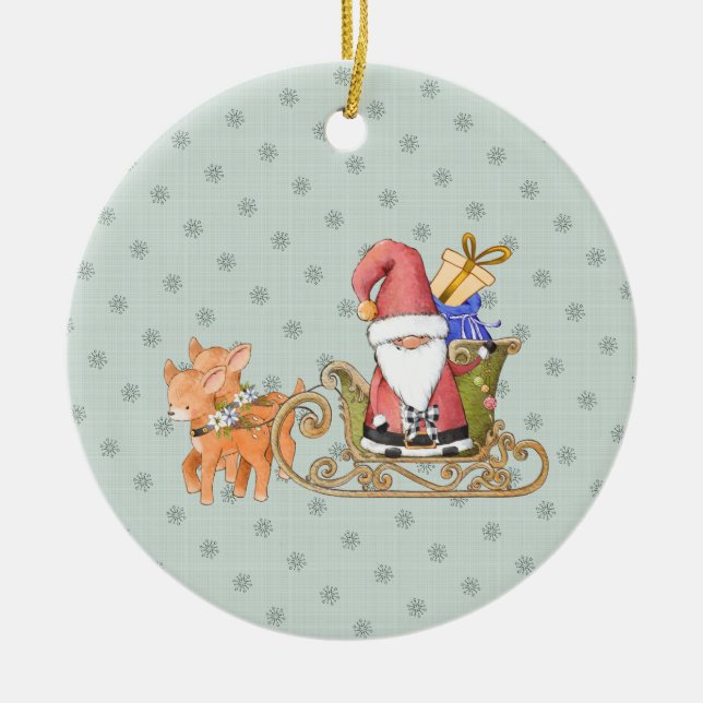 Ornamento De Cerâmica Papai Noel com Reindeer e Sleigh Personalizados (Frente)