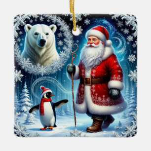 Ornamento De Cerâmica Papai Noel Com Urso Polar E Pinguim