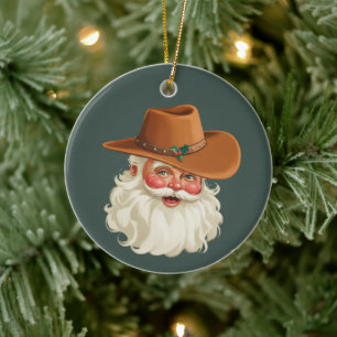 Ornamento De Cerâmica Papai Noel Cowboy Vintage Divertido Western Retrô