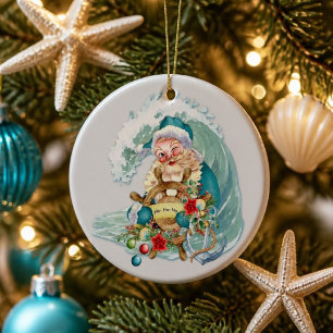Ornamento De Cerâmica Papai Noel de Natal Costeiro Náutico Vintage Praia