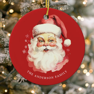 Ornamento De Cerâmica Papai Noel de Natal em Aquarela Vintage Vermelha