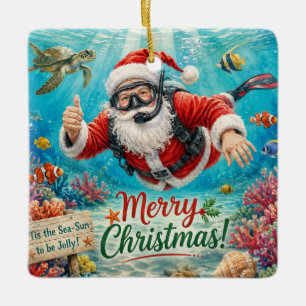 Ornamento De Cerâmica Papai Noel de Natal mergulhando com tartaruga