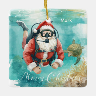 Ornamento De Cerâmica Papai Noel de Natal mergulhando com tartaruga