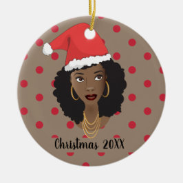 Ornamento De Cerâmica Papai Noel de Natal, Mulher Negra, Pontos Vermelho