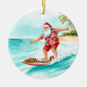 Ornamento De Cerâmica Papai Noel de Natal Surfista Surfando na Grande On