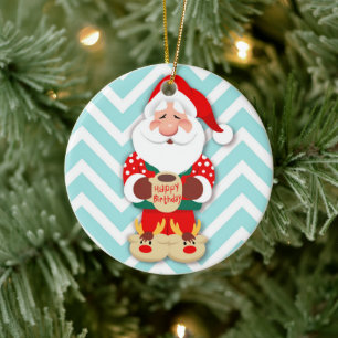 Ornamento De Cerâmica Papai Noel de pijama vermelho segurando uma caneca