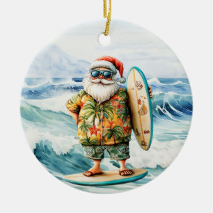 Ornamento De Cerâmica Papai Noel de prancha de surfe em fundo marinho
