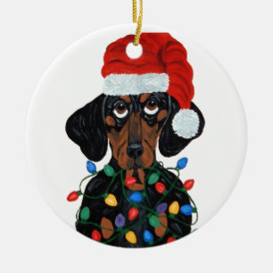 Ornamento De Cerâmica Papai noel do Dachshund Tangled em luzes de Natal