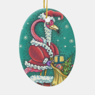 Ornamento De Cerâmica PAPAI NOEL do FLAMINGO do ROSA QUENTE, Oval dos