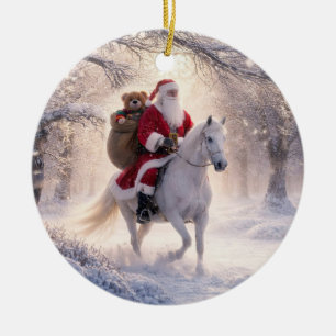 Ornamento De Cerâmica Papai Noel e Cavalo Bonito Saco de Brinquedos na N