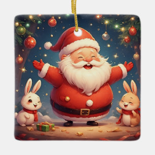 Ornamento De Cerâmica Papai Noel e Dois Coelhos Alegres