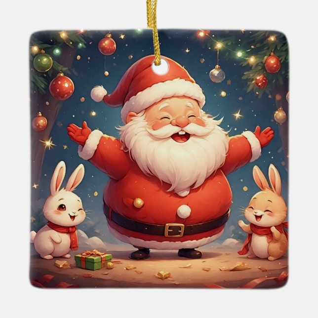 Ornamento De Cerâmica Papai Noel e Dois Coelhos Alegres (Frente)