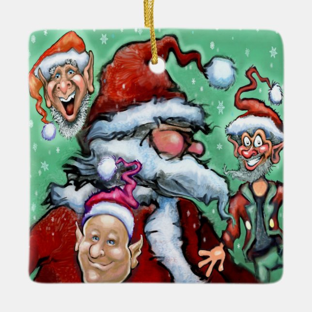 Ornamento De Cerâmica Papai Noel e Elfos de Natal (Frente)