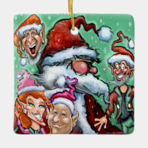 Ornamento De Cerâmica Papai Noel e Elfos de Natal