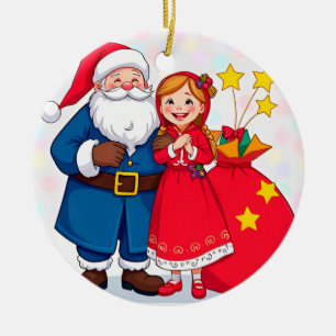 Ornamento De Cerâmica Papai Noel e Menina com um Saco de Presentes