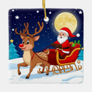 Ornamento De Cerâmica Papai Noel e Rena Voando Através da Noite de Lua C