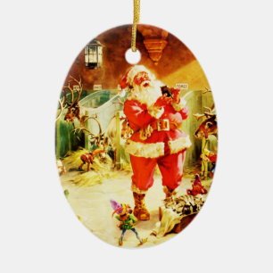 Ornamento De Cerâmica Papai noel e seus duendes nos estábulos do Pólo