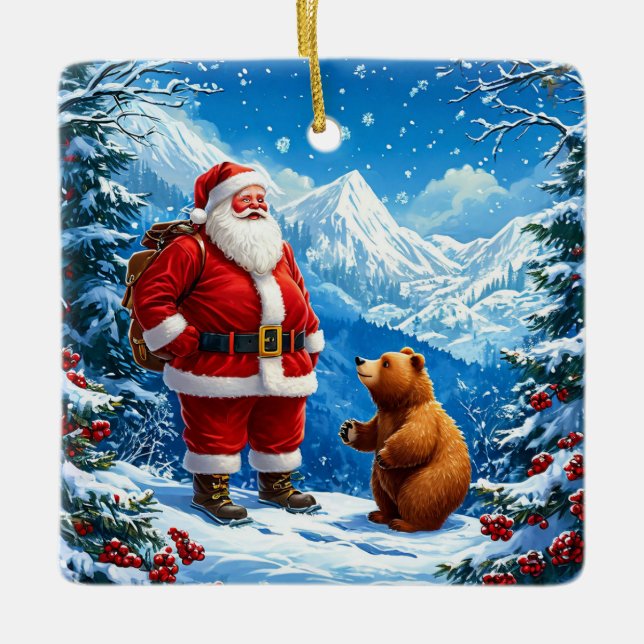 Ornamento De Cerâmica Papai Noel encontra Urso Amigável na Montanha Snow (Frente)