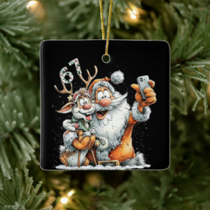 Ornamento De Cerâmica Papai Noel engraçado Rudolf Selfie Seis Sete Natal