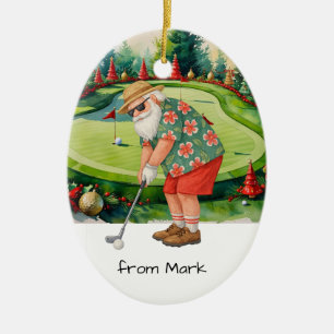 Ornamento De Cerâmica Papai Noel está jogando golfe em um fundo de campo