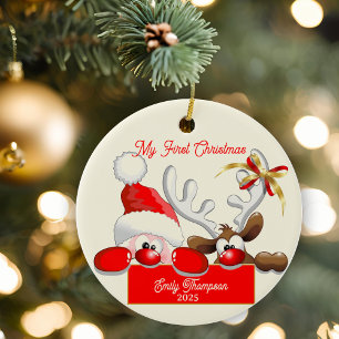Ornamento De Cerâmica Papai Noel Fofo & Bebe Rena Primeiro Natal