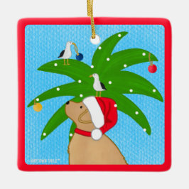 Ornamento De Cerâmica Papai Noel Golden Dog Aparando a Palmeira de Natal