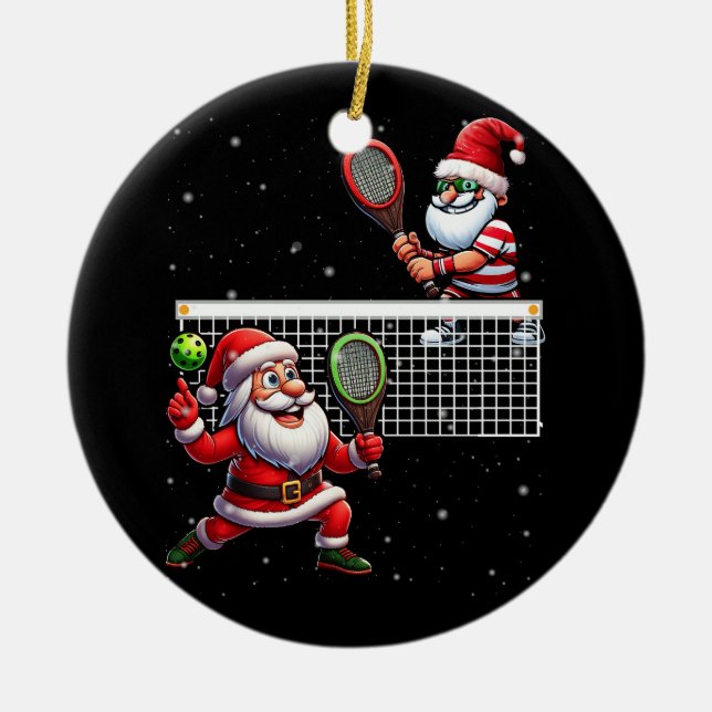 Ornamento De Cerâmica Papai Noel Jogando Pickleball na Feliz do Lover Na (Frente)