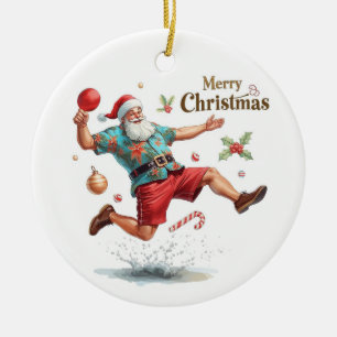 Ornamento De Cerâmica Papai Noel jogando ping pong com uma camisa havaia