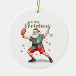 Ornamento De Cerâmica Papai Noel jogando ping pong com uma camisa havaia