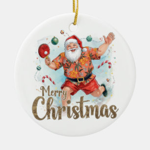 Ornamento De Cerâmica Papai Noel jogando ping pong com uma camisa havaia