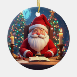 Ornamento De Cerâmica Papai Noel Lendo um Livro à Luz de Velas