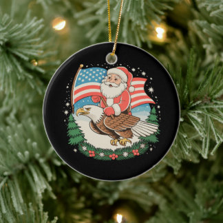 Ornamento De Cerâmica Papai Noel montando águia bandeira EUA Natal Festa
