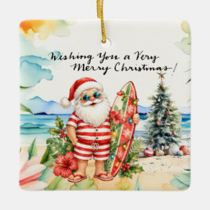 Ornamento De Cerâmica Papai Noel na praia do Havaí para o Natal