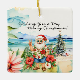 Ornamento De Cerâmica Papai Noel na praia do Havaí para o Natal
