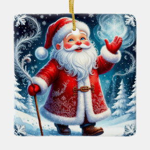 Ornamento De Cerâmica Papai Noel patinando pelo Natal de inverno nevado
