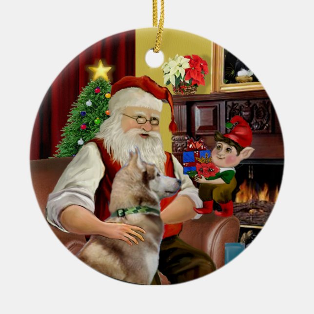 Ornamento De Cerâmica Papai noel Red Siberian Husky (Frente)