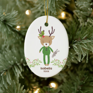 Ornamento De Cerâmica Papai Noel Rena Rústico Personalizado para Criança