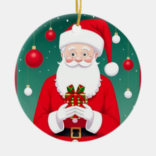 Ornamento De Cerâmica Papai Noel segurando um presente