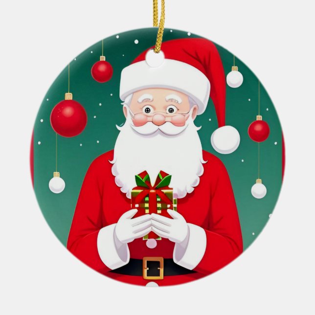 Ornamento De Cerâmica Papai Noel segurando um presente (Frente)