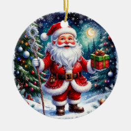 Ornamento De Cerâmica Papai Noel segurando um presente em um Natal mágic